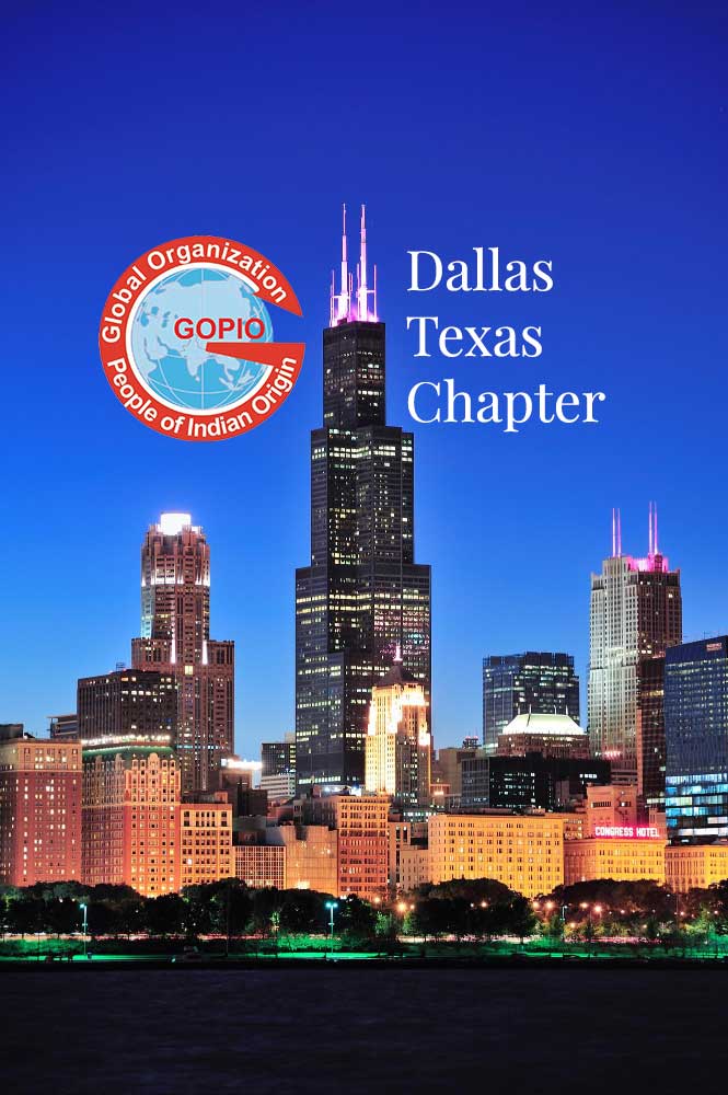 Dallas Skyline with the GOPIO logo and the Dallas, Texas Chapter in text